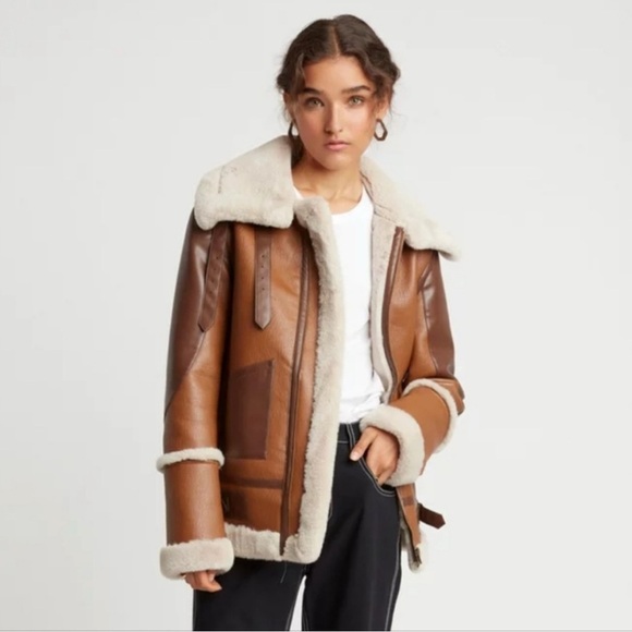 Choosy Amelia Shearling Jacket Aviator Vegan Faux Leather with Cream Accents XL - Picture 3 of 16
